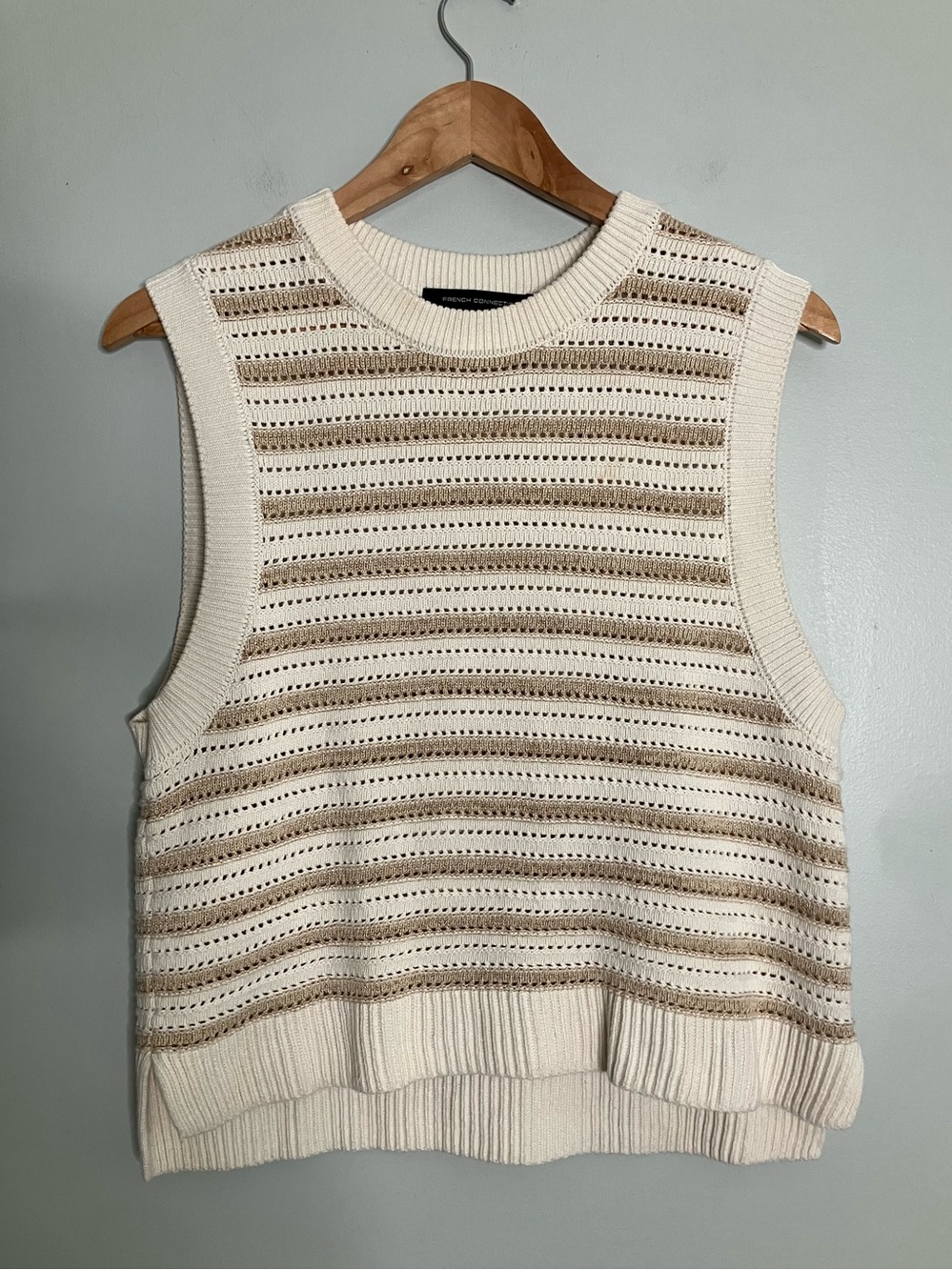 FRENCH CONNECTION Tan and Cream Striped Cotton Blend Knit Sweater Vest Size M